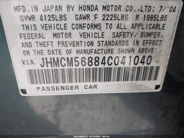 Auction sale of the 2004 Honda Accord 2.4 Ex, vin: JHMCM56884C041040, lot number: 45608213