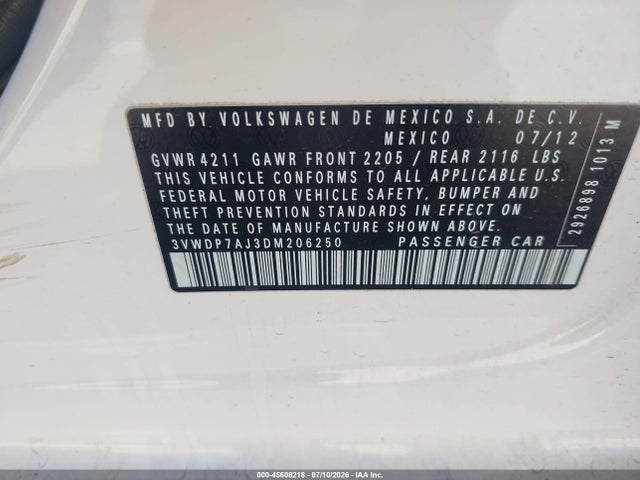 Продаж на аукціоні авто 2013 Volkswagen Jetta 2.5l Se, vin: 3VWDP7AJ3DM206250, номер лоту: 45608218