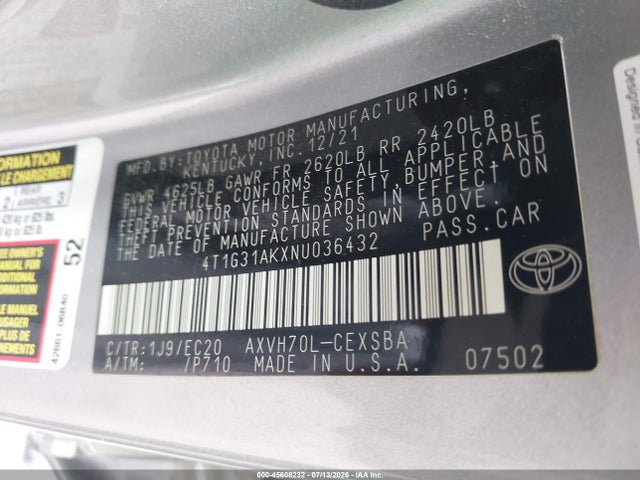 2022 Toyota Camry Nightshade Edition Hybrid მანქანა იყიდება აუქციონზე, vin: 4T1G31AKXNU036432, აუქციონის ნომერი: 45608232