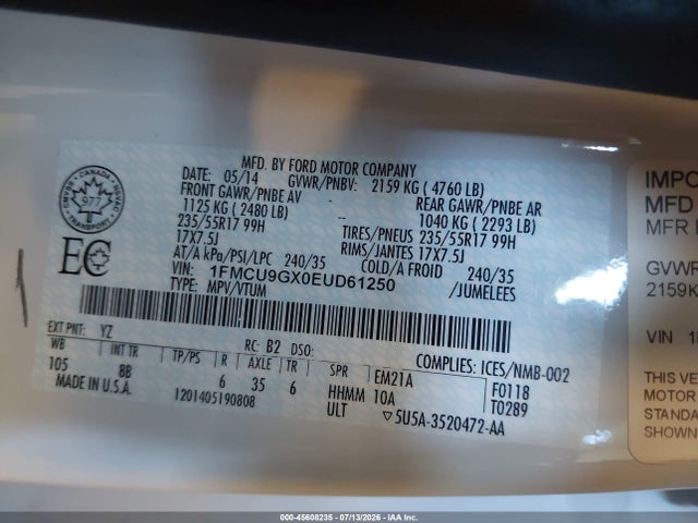 Продаж на аукціоні авто 2014 Ford Escape Se, vin: 1FMCU9GX0EUD61250, номер лоту: 45608235