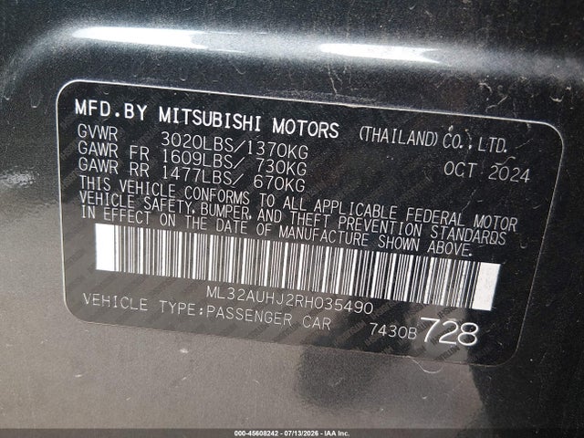 45608242 :رقم المزاد ، ML32AUHJ2RH035490 vin ، 2024 Mitsubishi Mirage Es/le مزاد بيع