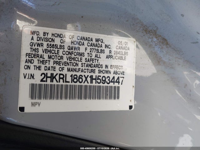 Aukcja sprzedaży 2001 Honda Odyssey Ex, vin: 2HKRL186X1H593447, numer aukcji: 45608289