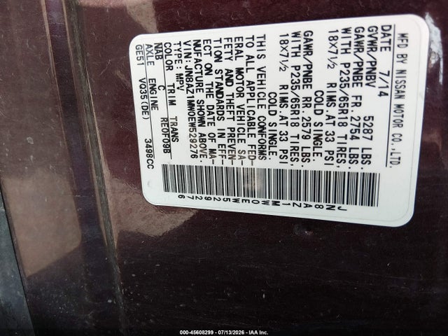 JN8AZ1MW0EW529276 Nissan MURANO SL
