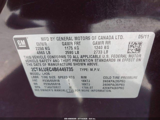45608309 :رقم المزاد ، 2CTALUEC4B6449735 vin ، 2011 Gmc Terrain Slt-1 مزاد بيع