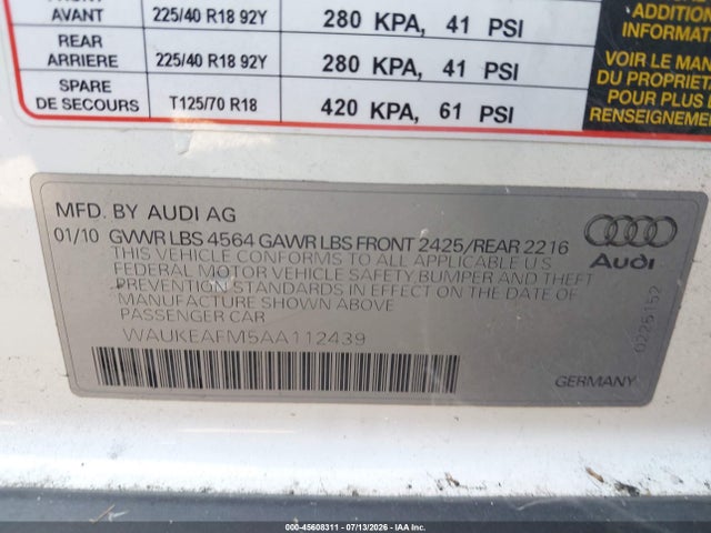 Aukcja sprzedaży 2010 Audi A3 2.0t Premium, vin: WAUKEAFM5AA112439, numer aukcji: 45608311