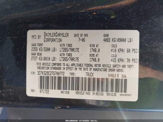 Aukcja sprzedaży 2007 Dodge Ram 2500 Laramie, vin: 3D7KS29C27G700772, numer aukcji: 45608340