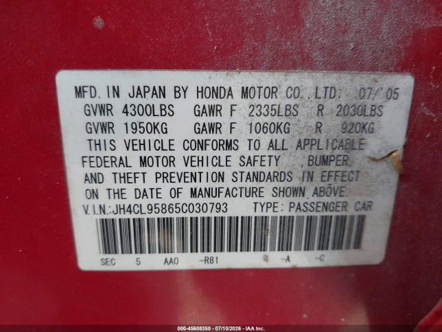 45608350 :رقم المزاد ، JH4CL95865C030793 vin ، 2005 Acura Tsx مزاد بيع