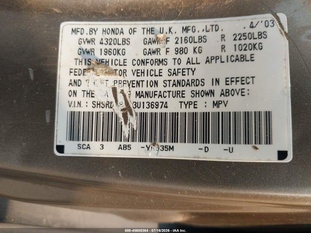 45608364 :رقم المزاد ، SHSRD78813U136974 vin ، 2003 Honda Cr-v Ex مزاد بيع