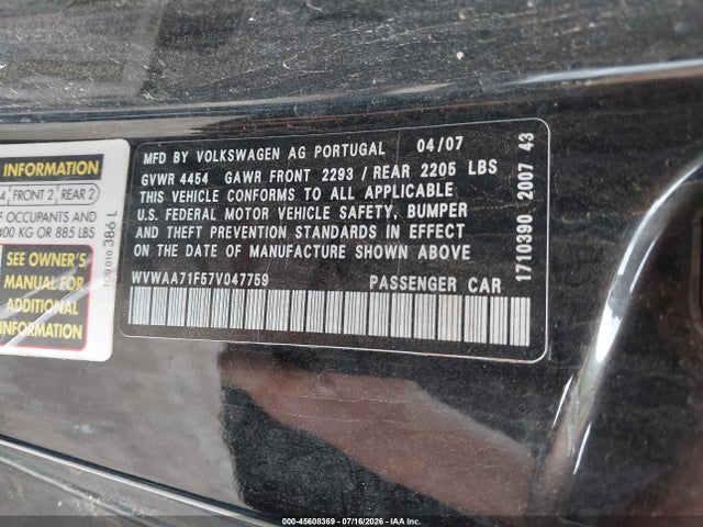2007 Volkswagen Eos მანქანა იყიდება აუქციონზე, vin: WVWAA71F57V047759, აუქციონის ნომერი: 45608369