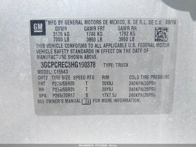 3GCPCREC3HG190378 Chevrolet Silverado 1500 Lt