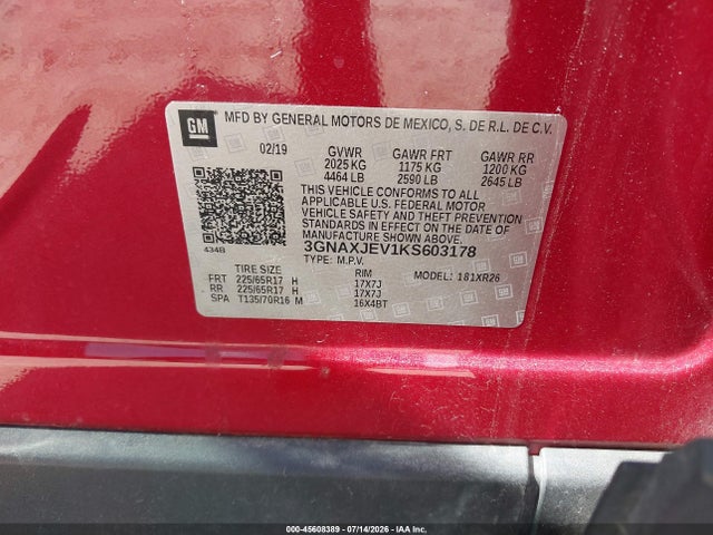Продажа на аукционе авто 2019 Chevrolet Equinox Lt, vin: 3GNAXJEV1KS603178, номер лота: 45608389