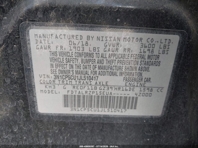Aukcja sprzedaży 2018 Nissan Kicks S, vin: 3N1CP5CU1JL510417, numer aukcji: 45608397