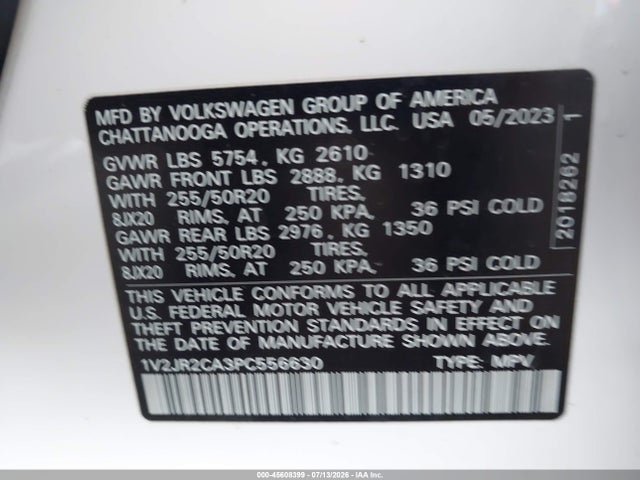 1V2JR2CA3PC556630 Volkswagen Atlas 3.6l V6 Se W/technology