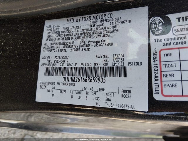 45608402 :رقم المزاد ، 3LNHM26166R659935 vin ، 2006 Lincoln Zephyr مزاد بيع