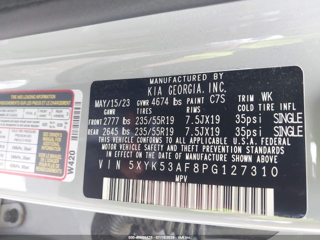 2023 Kia Sportage Sx-prestige მანქანა იყიდება აუქციონზე, vin: 5XYK53AF8PG127310, აუქციონის ნომერი: 45608428