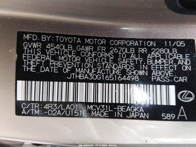 Продаж на аукціоні авто 2006 Lexus Es 330, vin: JTHBA30G165164498, номер лоту: 45608430