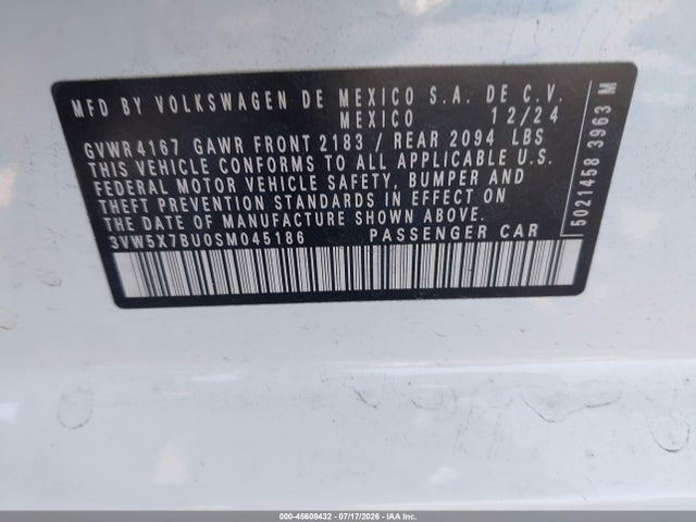2025 Volkswagen Jetta 1.5t S მანქანა იყიდება აუქციონზე, vin: 3VW5X7BU0SM045186, აუქციონის ნომერი: 45608432