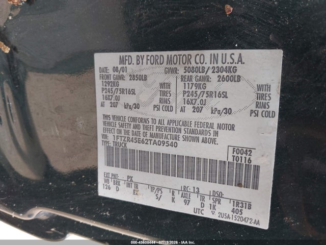 45608444 :رقم المزاد ، 1FTZR45E62TA09540 vin ، 2002 Ford Ranger Edge/xlt مزاد بيع