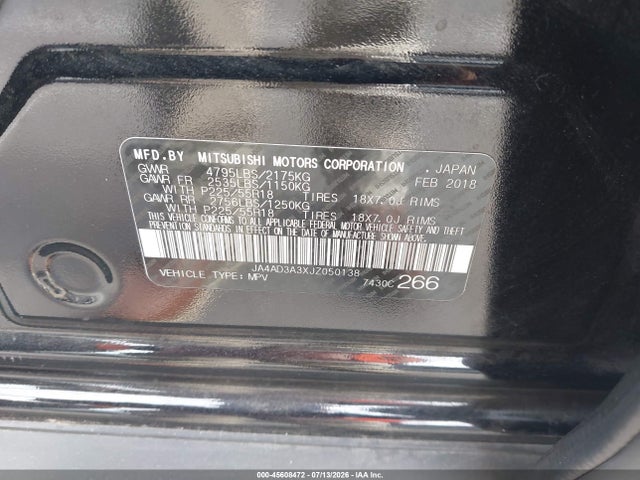 45608472 :رقم المزاد ، JA4AD3A3XJZ050138 vin ، 2018 Mitsubishi Outlander Le مزاد بيع