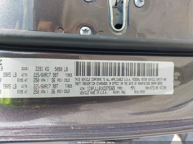 2019 Jeep Cherokee Latitude Plus Fwd მანქანა იყიდება აუქციონზე, vin: 1C4PJLLB1KD275365, აუქციონის ნომერი: 45608476