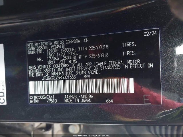 45608477 :رقم المزاد ، JTJGKCEZ5R5021683 vin ، 2024 Lexus Nx 350h Premium مزاد بيع