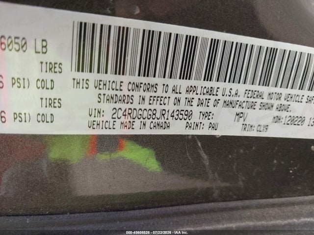 Aukcja sprzedaży 2018 Dodge Grand Caravan Sxt, vin: 2C4RDGCG8JR143590, numer aukcji: 45608528
