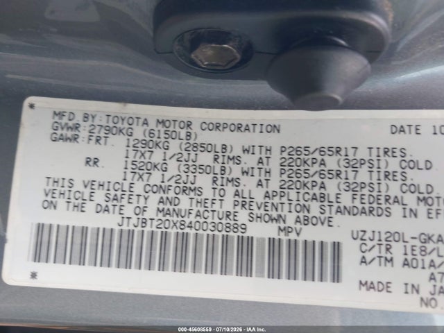 Aukcja sprzedaży 2004 Lexus Gx 470, vin: JTJBT20X840030889, numer aukcji: 45608559