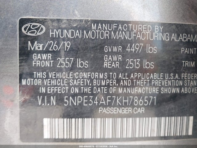 Aukcja sprzedaży 2019 Hyundai Sonata Sel, vin: 5NPE34AF7KH786571, numer aukcji: 45608576