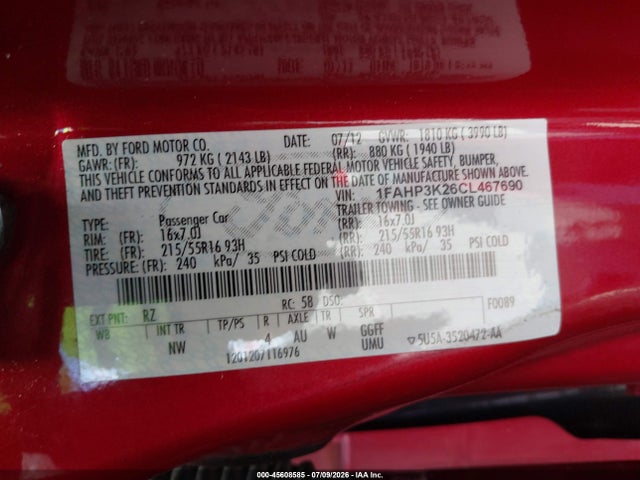 Продажа на аукционе авто 2012 Ford Focus Se, vin: 1FAHP3K26CL467690, номер лота: 45608585