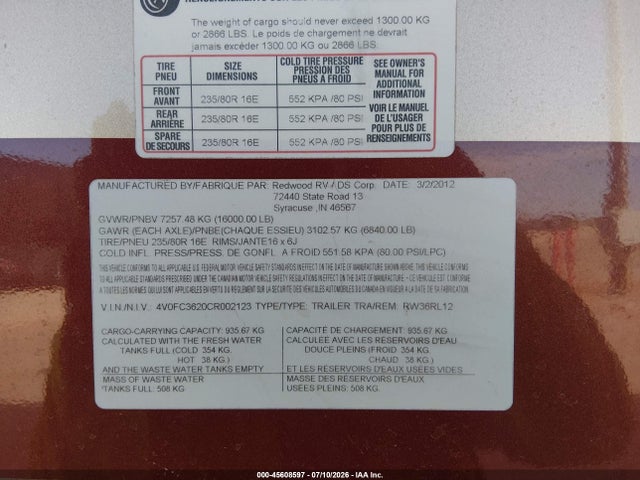Продаж на аукціоні авто 2012 Redwood Other, vin: 4V0FC3620CR002123, номер лоту: 45608597