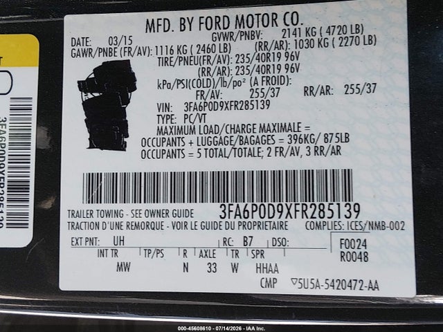 Ford Fusion Titanium 2015 3FA6P0D9XFR285139 Image 9