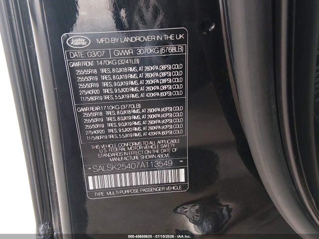 Продаж на аукціоні авто 2007 Land Rover Range Rover Sport Hse, vin: SALSK25407A113549, номер лоту: 45608620