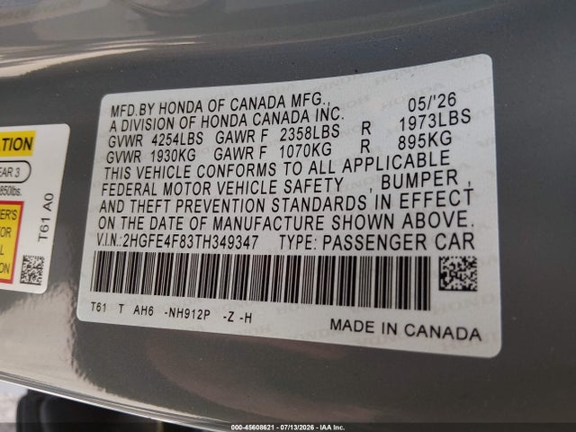 2026 Honda Civic Hybrid Sport/sport Touring მანქანა იყიდება აუქციონზე, vin: 2HGFE4F83TH349347, აუქციონის ნომერი: 45608621