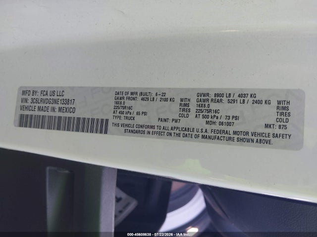 Продажа на аукционе авто 2022 Ram Promaster 2500 High Roof 159 Wb, vin: 3C6LRVDG3NE133817, номер лота: 45608638