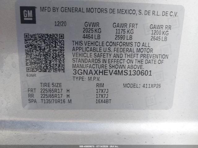 3GNAXHEV4MS130601 Chevrolet Equinox Fwd Ls