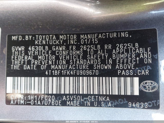 Продажа на аукционе авто 2015 Toyota Camry Le, vin: 4T1BF1FK4FU909670, номер лота: 45608676