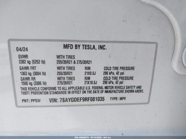 45608679 :رقم المزاد ، 7SAYGDEF9RF081035 vin ، 2024 Tesla Model Y Performance Dual Motor All-wheel Drive مزاد بيع