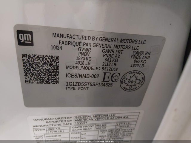 45608700 :رقم المزاد ، 1G1ZD5ST5SF134625 vin ، 2025 Chevrolet Malibu 1lt مزاد بيع