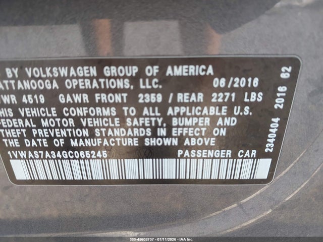 Продажа на аукционе авто 2016 Volkswagen Passat 1.8t R-line, vin: 1VWAS7A34GC065245, номер лота: 45608707