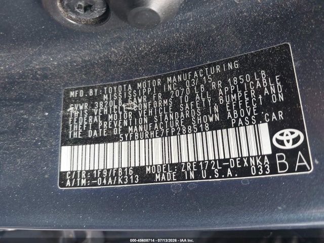 Toyota Corolla Le Plus 2015 5YFBURHE7FP288518 Image 9