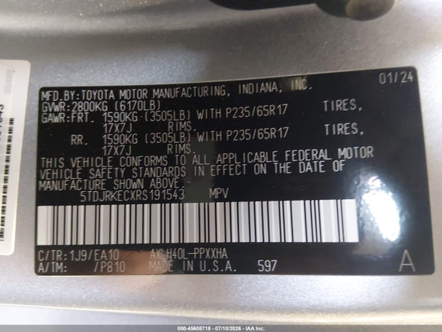 2024 Toyota Sienna Xle მანქანა იყიდება აუქციონზე, vin: 5TDJRKECXRS191543, აუქციონის ნომერი: 45608718
