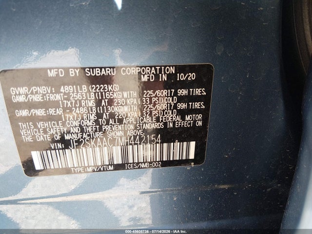 45608736 :رقم المزاد ، JF2SKAAC7MH442154 vin ، 2021 Subaru Forester مزاد بيع