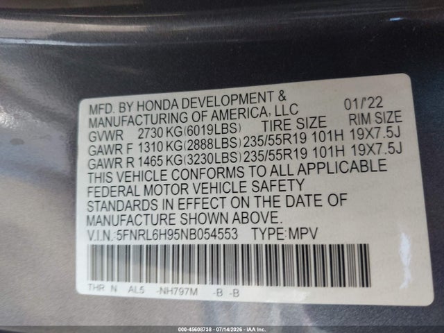 Honda Odyssey Elite 2022 5FNRL6H95NB054553 Image 9