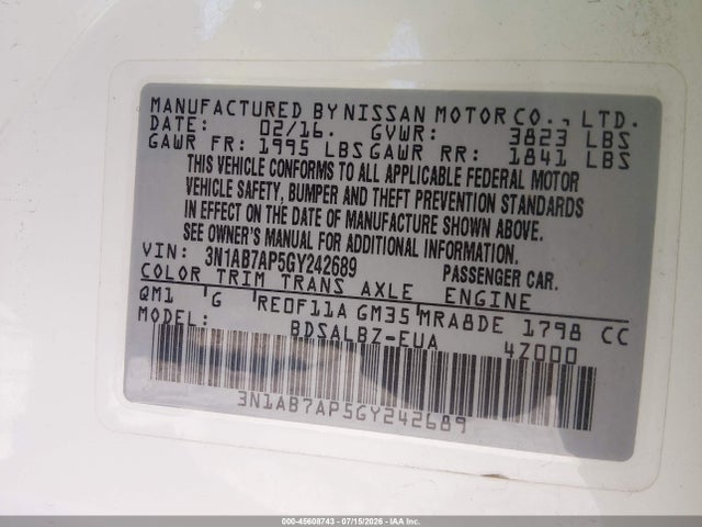 Nissan SENTRA S 2016 3N1AB7AP5GY242689 Image 9