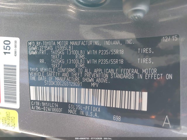 5TDDK3DC2GS129091 Toyota Sienna Xle 7 Passenger