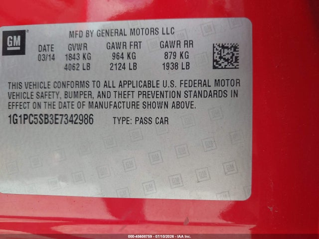 1G1PC5SB3E7342986 Chevrolet Cruze 1lt Auto