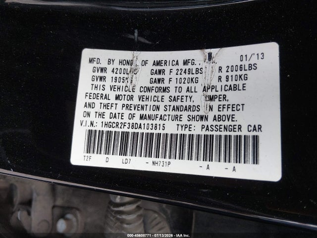 Продаж на аукціоні авто 2013 Honda Accord Lx, vin: 1HGCR2F38DA103815, номер лоту: 45608771