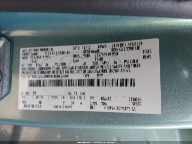 2013 Ford Escape Titanium მანქანა იყიდება აუქციონზე, vin: 1FMCU0J96DUB82490, აუქციონის ნომერი: 45608777
