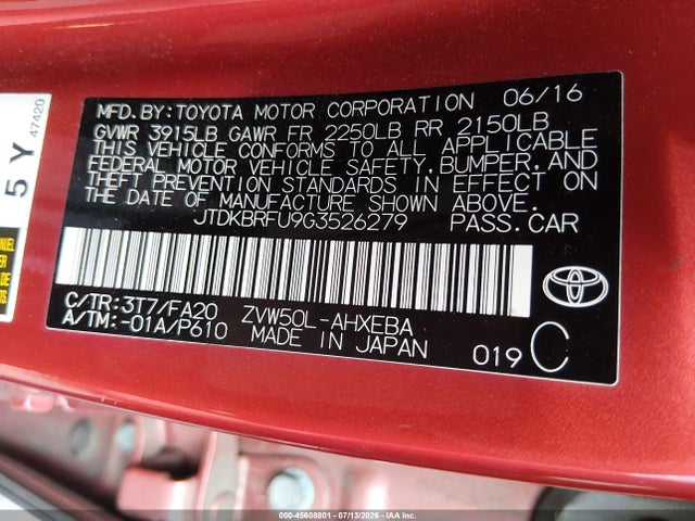 Toyota Prius Two 2016 JTDKBRFU9G3526279 Image 9
