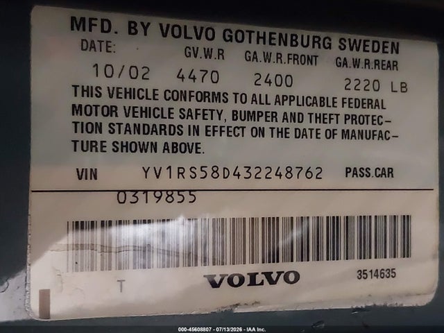 Продаж на аукціоні авто 2003 Volvo S60 2.4t, vin: YV1RS58D432248762, номер лоту: 45608807